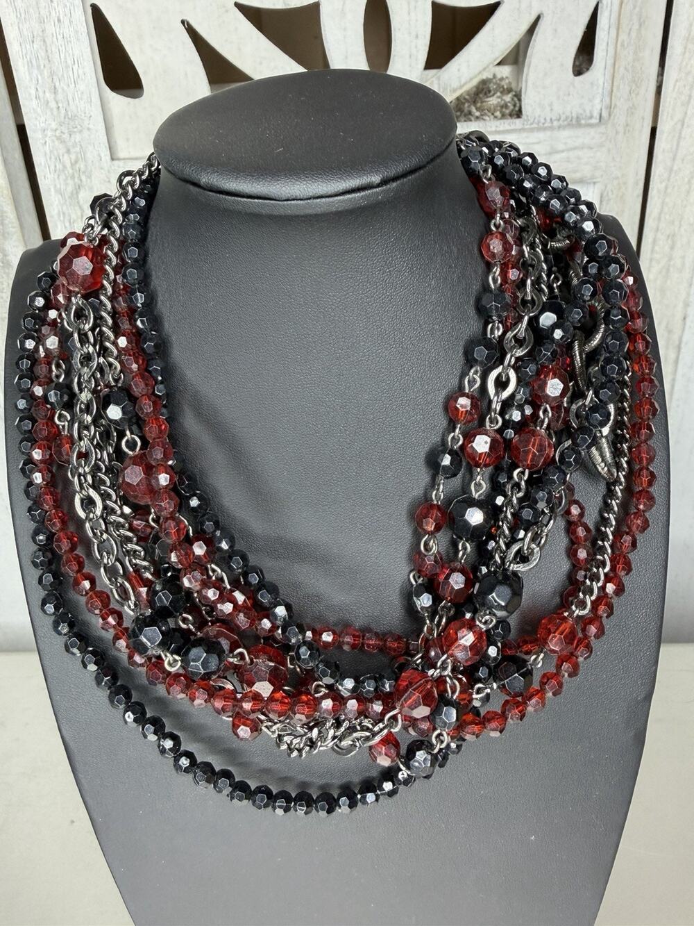 Multi Strand Necklace Red Black Chunky Bead And Silvertone Chain Goth Glam